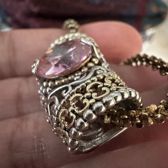 Necklace w Slide Pendant 17" Oval Pink Gem Ornate 925 Sterling Gold Plated 22.3g - Picture 11 of 12